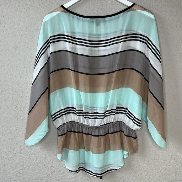 Karen Kane 100% Silk Mint Khaki Black Multi Striped Tie Waist Kimono Top Size M - Picture 6 of 11